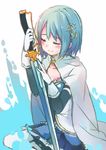 blue_hair cape christy closed_eyes crying gloves hair_ornament hairclip magical_girl mahou_shoujo_madoka_magica miki_sayaka short_hair simple_background sitting skirt solo soul_gem sword weapon white_gloves 
