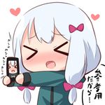  &gt;_&lt; :d bangs blush bow cellphone chibi closed_eyes commentary_request eromanga_sensei eyebrows_visible_through_hair hair_bow hana_kazari happy heart holding holding_phone izumi_sagiri jacket long_hair open_mouth phone purple_bow self_shot simple_background smartphone smile solo speech_bubble upper_body white_background xd 