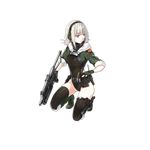  bangs belt belt_pouch black_legwear blue_eyes blunt_bangs boots breasts closed_mouth cross-laced_footwear dagger expressionless eyebrows_visible_through_hair full_body fur_trim girls_frontline gloves green_gloves grey_hair gun hao_(patinnko) headphones highleg highleg_leotard holster knee_boots lace-up_boots leotard looking_away medium_breasts one_knee pouch pp-19_(girls_frontline) pp-19_bizon solo submachine_gun thigh_holster thighhighs transparent_background turtleneck walkie-talkie weapon 