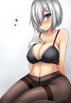  bad_id bad_pixiv_id bare_shoulders black_bra black_panties blue_eyes bra breasts hair_ornament hair_over_one_eye hairclip hamakaze_(kantai_collection) heart highres kantai_collection large_breasts looking_at_viewer midriff panties panties_under_pantyhose pantyhose short_hair silver_hair solo terakoya thighs underwear wide_hips 