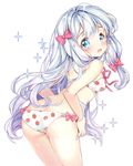  ass blue_eyes blush bow bra eromanga_sensei eyebrows_visible_through_hair food_print hair_bow highres izumi_sagiri long_hair looking_at_viewer looking_back open_mouth panties pingo pink_bow pink_ribbon print_panties ribbon silver_hair solo sparkle strawberry_bra strawberry_panties strawberry_print teeth underwear underwear_only white_bra white_panties 