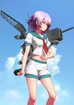  4690_(tkpbsk) cloud crane day hand_on_own_stomach jewelry kantai_collection machinery neckerchief outdoors pink_hair red_eyes red_neckwear ring school_uniform serafuku shirt short_hair short_sleeves shorts sky solo standing tama_(kantai_collection) turret wedding_band 