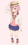  adjusting_clothes adjusting_hat blush commentary_request full_body hair_ornament hairclip hat highres koharu_yoshino looking_at_viewer mikazuchi_zeus pink_hair red_eyes sakura_quest short_hair simple_background skirt solo 