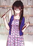  bangs black_hair blouse blue_blouse blush book breasts closed_mouth collarbone dress duster expressionless eyebrows_visible_through_hair glasses himawari-san himawari-san_(character) holding holding_book indoors library long_dress long_hair looking_at_viewer open_clothes plaid plaid_dress ponytail purple_eyes small_breasts solo standing sugano_manami w_arms watch wristwatch 