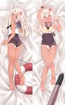  amacha arm_up ass ass_visible_through_thighs bare_legs barefoot bed_sheet blue_eyes blush breasts dakimakura flower hair_flower hair_ornament highres kantai_collection long_hair lying multiple_views nipples on_back on_stomach one-piece_tan open_mouth pussy ro-500_(kantai_collection) school_swimsuit sheet_grab small_breasts strap_slip swimsuit swimsuit_aside tan tanline thigh_gap white_hair wristband 