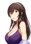  bare_shoulders black_hair blue_eyes breasts cleavage collarbone commentary_request dress earrings hairband idolmaster idolmaster_cinderella_girls jewelry kaname_(melaninusa09) large_breasts long_hair necklace open_mouth pearl_necklace purple_dress sagisawa_fumika white_background 