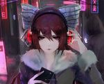  absurdres aoi_ogata borrowed_character bow brown_eyes cellphone commentary hair_bow headphones highres listening_to_music long_hair mascot neon_lights original phone red_eyes smartphone 