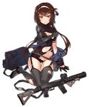  :t arm_support ass_visible_through_thighs assault_rifle black_footwear black_gloves black_legwear breasts brown_hair cleavage covering covering_chest cropped fangdan_runiu garter_straps girls_frontline gloves grey_legwear gun hair_ribbon hairband half_gloves leotard long_sleeves mechanical_arm navel off_shoulder one_side_up orange_eyes pouch ribbon rifle shoes short_hair_with_long_locks sitting small_breasts solo thigh_gap thighhighs torn_clothes torn_legwear transparent_background turtleneck type_79_(girls_frontline) v-shaped_eyebrows wariza weapon 
