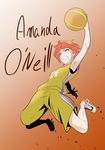  amanda_o'neill bad_id bad_pixiv_id basketball basketball_uniform brown_hair commentary_request cosplay gradient gradient_background green_eyes jumping little_witch_academia mokuseirokku multicolored_hair orange_hair shaquille_o'neal shaquille_o'neal_(cosplay) shoes short_hair solo sportswear white_footwear 