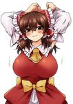  arms_up ascot bangs blush bouncing_breasts bow breasts brown_eyes brown_hair commentary cookie_(touhou) curvy detached_sleeves dress hair_between_eyes hakurei_reimu half-closed_eyes kanna_(cookie) large_breasts long_hair looking_at_viewer mature meis_(terameisu) petticoat smile solo thick_eyebrows touhou 