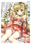  absurdres animal_ears bare_shoulders beads blonde_hair blush breasts brown_eyes choker cleavage floral_print fujima_takuya hair_beads hair_ornament hair_twirling highres japanese_clothes kimono leaning_back long_hair medium_breasts no_panties obi off_shoulder outdoors sash scan sitting sleeves_past_wrists smile solo tabi tail tiger_ears tiger_tail toranoana two_side_up 