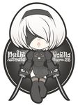  back_cutout black_dress black_hairband black_legwear blindfold boots chibi cleavage_cutout covered_eyes dress feather-trimmed_sleeves hairband high_heel_boots high_heels holding holding_sword holding_weapon juliet_sleeves leotard long_sleeves nier_(series) nier_automata no.6490 puffy_sleeves silver_hair solo sword thigh_boots thighhighs thighhighs_under_boots weapon white_leotard yorha_no._2_type_b 