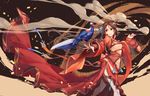  bird brown_hair chinese_clothes chinese_zodiac hair_ornament highres holding holding_pipe kiseru long_hair looking_back original pipe red_eyes smile solo splish thighhighs very_long_hair walking year_of_the_rooster 