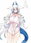  animal_ears bare_legs blue_eyes blush breasts dated dragon_horns dragon_tail fox_ears gem gradient_hair heterochromia horns konshin large_breasts long_hair multicolored_hair naked_shirt no_pants off_shoulder orange_eyes orie_hakua pixiv_fantasia pixiv_fantasia_new_world shirt shirt_tug solo sweat tail translation_request very_long_hair white_background white_hair 