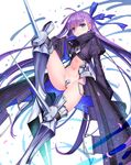  armor bangs blue_eyes blush boots breasts crotch_plate eyebrows_visible_through_hair fate/extra fate/extra_ccc fate_(series) greaves hair_ribbon highres juliet_sleeves long_hair long_sleeves looking_at_viewer matanonki meltlilith navel puffy_sleeves purple_hair revealing_clothes ribbon simple_background small_breasts solo thighhighs very_long_hair white_background 