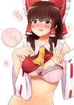  ascot blush bottomless bra breasts brown_eyes brown_hair come_hither cookie_(touhou) detached_sleeves directional_arrow hakurei_reimu heart kanna_(cookie) large_breasts long_hair looking_at_viewer mature meis_(terameisu) navel pointing pointing_at_self shirt_lift solo thick_eyebrows tongue tongue_out touhou translated underwear v 