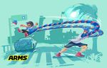  aqua_background arms_(game) blue_hair car copyright_name domino_mask drill_hair ground_vehicle highres ishikawa_masaaki long_arms male_focus mask monochrome_background motor_vehicle multiple_boys nintendo official_art pompadour road shorts simple_background spring_man_(arms) street sweat tree 