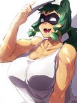  animal_ears bangs bare_shoulders biceps blush breasts collarbone fangs green_hair hair_rings highres holding large_breasts looking_away low_twintails mask midou_raku muscle muscular_female no_pupils open_mouth original ryanpei shirt sidelocks sleeveless sleeveless_shirt smile solo sunlight tan teeth twintails white_background white_eyes 