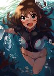  air_bubble bikini_bottom blue_eyes blush breasts breath brown_hair bubble commentary_request diving freediving holding_breath idolmaster idolmaster_million_live! kousaka_umi kurokin long_hair looking_at_viewer medium_breasts navel open_mouth rash_guard solo submerged swimming swimsuit underwater water 