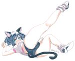  animal_ears ass black_hair blush breasts buruma cat_ears cat_tail commentary_request curly_hair cyan_(show_by_rock!!) eyebrows_visible_through_hair full_body green_eyes gym_uniform loose_socks lying medium_breasts on_back paw_pose pointy_ears rkrk shadow show_by_rock!! simple_background socks solo tail underwear white_hair 
