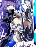  armor armored_boots blue_eyes boots coat fate/extra fate/extra_ccc fate/grand_order fate_(series) hair_ribbon highres long_hair meltlilith midriff navel purple_hair ribbon shino_(eefy) sleeves_past_wrists smile solo spikes very_long_hair 
