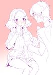  1girl :o amamiya_ren blush breast_grab commentary_request glasses grabbing hikaru_pict monochrome okumura_haru persona persona_5 pleated_skirt ribbed_sweater skirt spot_color sweatdrop sweater tearing_up tears thigh_strap turtleneck 