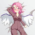  :o blush breasts cato_(monocatienus) commentary curvy fever hips large_breasts lying messy_hair mystia_lorelei pajamas pink_eyes pink_hair short_hair sick solo sweat touhou wavy_hair wings 