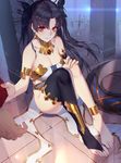  absurdres anklet archer asymmetrical_legwear bare_shoulders barefoot black_hair blush breasts cleavage contest_winner daye_bie_qia_lian earrings elbow_gloves fate/grand_order fate_(series) feet gloves hair_ribbon highres ishtar_(fate/grand_order) jewelry long_hair long_legs looking_at_viewer medium_breasts pelvic_curtain pixiv_fate/grand_order_contest_1 red_eyes ribbon single_elbow_glove single_thighhigh sleeve_tug solo_focus thighhighs toe_ring toeless_legwear toes two_side_up 