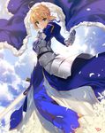  armor artoria_pendragon_(all) blonde_hair blue_cape blue_dress cape cape_removed cloud day dress excalibur eyebrows_visible_through_hair fate/stay_night fate_(series) green_eyes highres holding holding_sword holding_weapon long_sleeves looking_at_viewer saber short_hair smile solo sword weapon yang-do 