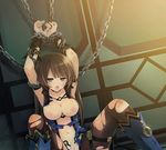  1girl bdsm bound bound_wrists breasts brown_hair c-sha chains choker choujigen_game_neptune cleavage game_cg hands_above_head highres long_hair navel neptune_(series) nipples pantyhose photoshop pussy solo tied_up torn_clothes torn_pantyhose tsunako 