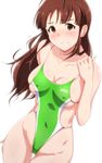  akizuki_ritsuko alternate_hairstyle antenna_hair bangs blunt_bangs blush breasts brown_eyes brown_hair cleavage collarbone commentary_request competition_swimsuit covered_navel covered_nipples cowboy_shot flying_sweatdrops green_swimsuit groin hair_down highres idolmaster idolmaster_(classic) large_breasts long_hair looking_at_viewer no_eyewear one-piece_swimsuit simple_background skindentation solo swimsuit tareme tengu_(tetuo_kun) thigh_gap thighs tight white_background 