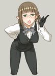  :o black_gloves breasts brown_hair commentary_request cowboy_shot cropped_legs dungeon_ni_deai_wo_motomeru_no_wa_machigatteiru_darou_ka eina_tulle elf formal glasses gloves green_eyes grey_background large_breasts leaning_forward legs_apart looking_at_viewer open_mouth pant_suit pants pointing pointy_ears shoe-ji short_hair solo standing straight_hair suit vest 