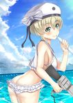  ass bikini butt_crack clothes_writing cowboy_shot day frilled_bikini frilled_skirt frills green_eyes gun hadron9 hat highres kantai_collection ocean outdoors sailor_bikini sailor_collar sailor_hat short_hair silver_hair skirt solo swimsuit water weapon white_bikini white_hat z1_leberecht_maass_(kantai_collection) 