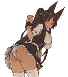  1girl animal_ear_fluff animal_ears anubis_(houtengeki) ass breasts brown_hair contrapposto cowboy_shot hair_ribbon hand_up high_ponytail houtengeki large_breasts leaning_forward long_hair looking_back miniskirt open_mouth original panties ponytail red_eyes ribbon sidelocks simple_background skirt solo thighhighs underwear very_long_hair white_background white_legwear white_panties wrist_cuffs 
