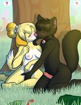  2016 animal_crossing anthro areola black_fur black_hair blush bottomless breasts canine clothed clothing collar dog erection eyes_closed female fingering fur hair hairband humanoid_penis isabelle_(animal_crossing) kneeling male mammal nintendo nipples nude open_mouth outside penis pok&eacute;ball pok&eacute;mon public saucy spike_elatha tongue topless tree video_games white_fur wolf yellow_fur 