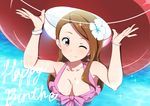  arms_up bikini blush breasts brown_eyes brown_hair cleavage closed_mouth collarbone flower hair_flower hair_ornament happy_birthday hat heart idolmaster idolmaster_(classic) jabara_tornado jewelry long_hair looking_at_viewer medium_breasts minase_iori one_eye_closed partially_submerged smile solo swimsuit upper_body water wet 