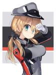  1girl anchor_hair_ornament aqua_eyes arm_up bangs black_ribbon blonde_hair blush breasts closed_mouth eyebrows_visible_through_hair eyelashes gloves hair_between_eyes hair_ornament hat kantai_collection long_sleeves looking_at_viewer low_twintails military military_uniform peaked_cap prinz_eugen_(kantai_collection) ribbon sala_mander smile solo twintails uniform upper_body white_background white_gloves 
