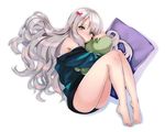  bangs bare_legs barefoot blue_eyes blush bow closed_mouth eromanga_sensei eyebrows_visible_through_hair feet fetal_position full_body hair_bow highres izumi_sagiri legs_together long_hair looking_at_viewer lying object_hug on_side pillow pink_bow plantar_flexion shigi_0 silver_hair simple_background solo stuffed_animal stuffed_octopus stuffed_toy thighs white_background 