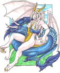  2010 anthro blue_eyes breast_grab breasts claws dragon duo ear_piercing eastern_dragon female female/female fur hair hand_on_breast horn lexis_rinyal mane nipples nude open_mouth piercing scales scalie simple_background smile sorika_mai_selena tongue white_scales wings yami_griffin 