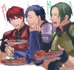  ... 3boys ? armor black_hair blue_hair closed_eyes eating fingerless_gloves fire_emblem fire_emblem_echoes:_mou_hitori_no_eiyuuou force_(fire_emblem) gloves green_hair lukas_(fire_emblem) male_focus multicolored_hair multiple_boys open_mouth paison red_hair simple_background teeth two-tone_hair uguisu_(ryu) upper_body white_background 
