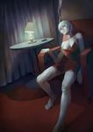  armchair chair cigarette commentary_request curtains highres jittsu lamp nightgown original pale_skin partial_commentary sitting smoking strap_slip underwear white_hair 