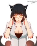  absurdres ahri alternate_costume animal_ears black_hair breasts cleavage collarbone facial_mark fang fox_ears fox_tail heart_tattoo highres large_breasts league_of_legends lips multiple_tails open_clothes rude_ruin slit_pupils solo tail tattoo teacher whisker_markings yellow_eyes 
