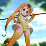  animal_ears blonde_hair circlet commentary_request dutch_angle elbow_gloves gloves golden_snub-nosed_monkey_(kemono_friends) hand_on_hip high_ponytail highres holding holding_staff kemono_friends leotard long_hair monkey_ears monkey_tail multicolored_hair orange_hair ponytail sat-c skirt solo staff tail thighhighs yellow_leotard 