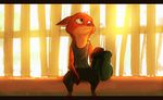  2017 anthro backpack barefoot canine clothed clothing disney fox green_eyes male mammal nick_wilde shirt sitting solo sprinkah tank_top zootopia 