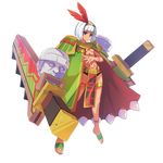  asatsuki_(cookie) bangs barefoot barefoot_sandals blue_eyes blue_hair blunt_bangs breasts cape closed_mouth commentary_request cookie_(touhou) cosplay expressionless eyebrows_visible_through_hair facepaint full_body guilty_gear guilty_gear_xrd highres huge_weapon konpaku_youmu looking_at_viewer navel olmec olmec_head pelvic_curtain ramlethal_valentine ramlethal_valentine_(cosplay) short_hair small_breasts solo stomach tarmo tattoo touhou transparent_background tribal underboob weapon 