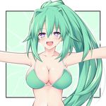  arms_up bikini blush breasts cleavage collarbone green_bikini green_hair green_heart iwasi-r large_breasts long_hair looking_at_viewer neptune_(series) open_mouth outstretched_arms ponytail purple_eyes revision shiny shiny_hair shiny_skin solo spread_arms swimsuit symbol-shaped_pupils upper_body 