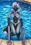 2017 anthro black_nose camel_toe canine clothing dipstick_tail female fox fur hair ifus long_hair looking_at_viewer mammal multicolored_tail nipple_bulge solo swimming_pool swimsuit translucent transparent_clothing water 