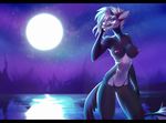  anthro black_bars breasts canine female fox ghostli hair looking_at_viewer mammal moon navel night nipples nude pussy sky solo standing white_hair wide_hips 
