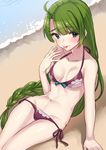  beach bikini blue_eyes braid breasts green_hair highres kantai_collection long_hair lowleg lowleg_bikini mizuki_eiru_(akagi_kurage) mole mole_under_mouth outdoors purple_bikini side-tie_bikini single_braid sitting small_breasts solo swimsuit tongue tongue_out water yuugumo_(kantai_collection) 