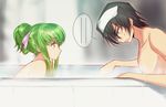  1girl alternate_hairstyle bangs bath bathtub black_hair c.c. code_geass commentary couple creayus eyebrows_visible_through_hair from_side green_hair hetero lelouch_lamperouge looking_at_another mixed_bathing nude profile purple_eyes sweatdrop tied_hair yellow_eyes 